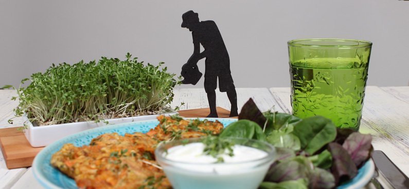 Kresse-Möhren-Puffer mit Knoblauchjoghurt Rezept mit Spursinn24